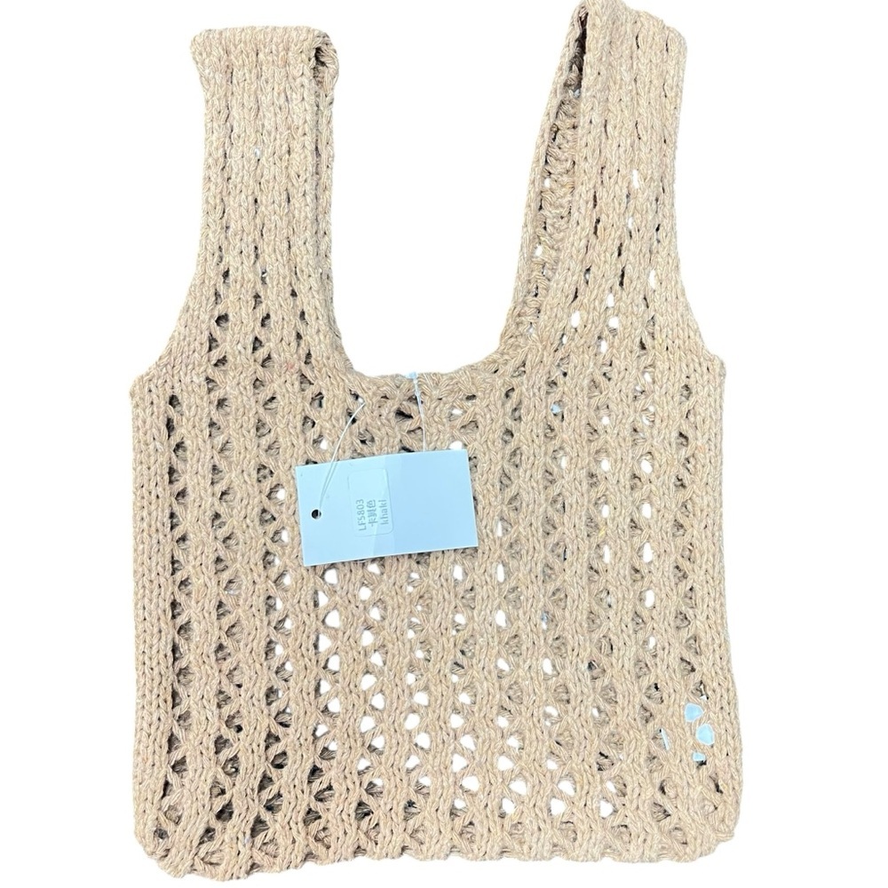 Crochet Knit Tote Bag Tan Khaki